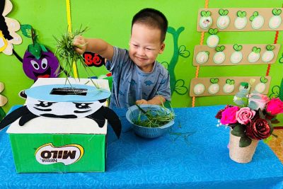Hoạt động trải nghiệm “Cho bò ăn cỏ” của các bé lớp Nhà trẻ 24–36 tháng